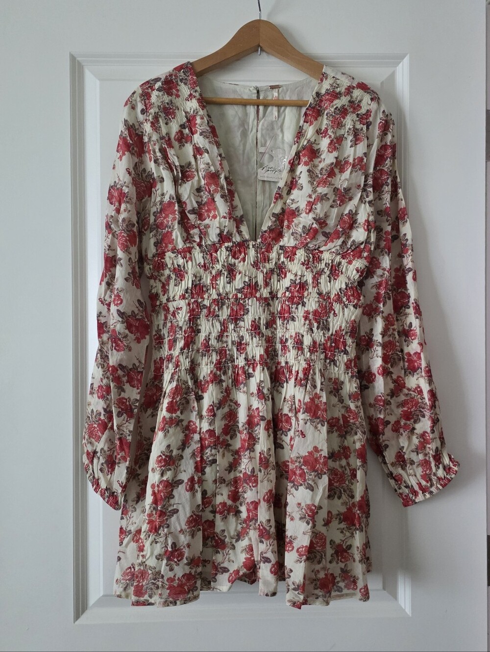 Free People Keep You Smocked Mini Dress Cotton Roses Coastal Cowgirl Rodeo Boho